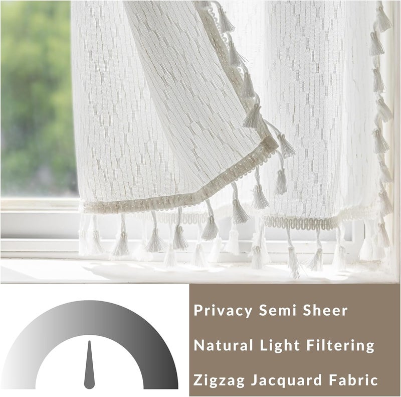 VOILYBIRD Kitchen Window Curtains Over Sink 45 Inch Length Boho Tassel Tiers Cafe Curtains Zigzag Design, 2 Panels, White - Image 5